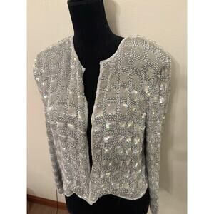 Adrianna Papell Evening Beaded Silk Jacket Silver Sequin Size M